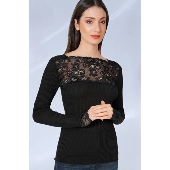 EGI pleated wool and microfiber sweater with lace décolleté