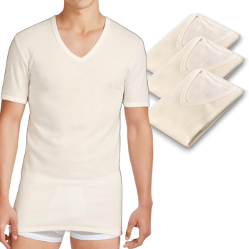 (3pz) T-shirt intima uomo in lana e cotone collo a V...