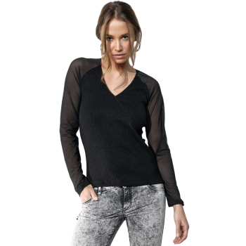 Soft ribbed viscose sweater with tulle sleeves and V-neck